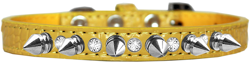 Silver Spike and Clear Jewel Croc Dog Collar Yellow Size 10